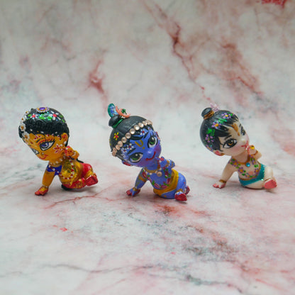Handmade Hand-painted Mini Sri Radha Krishna Balaram with Beds Deity Doll Set
