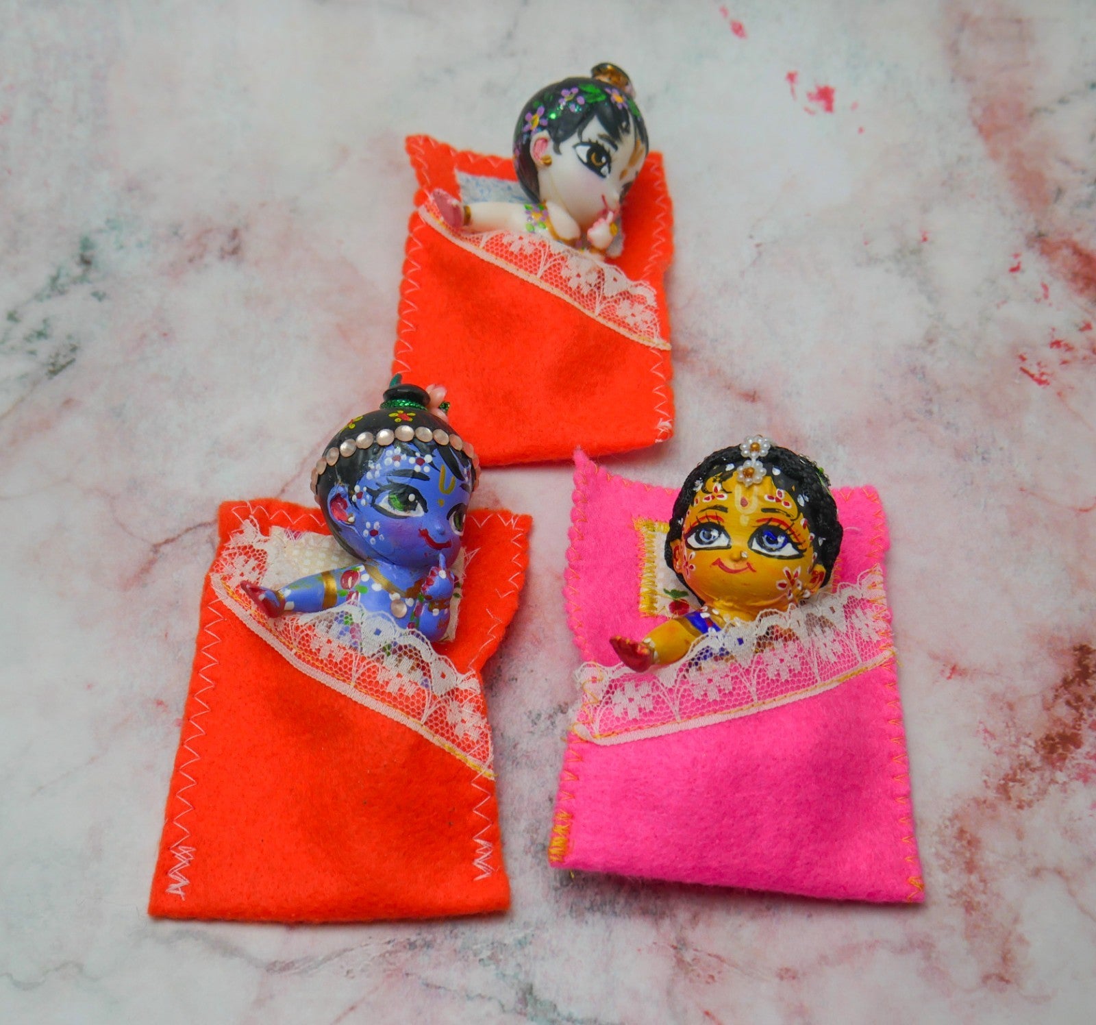 Handmade Hand-painted Mini Sri Radha Krishna Balaram with Beds Deity Doll Set