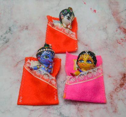 Handmade Hand-painted Mini Sri Radha Krishna Balaram with Beds Deity Doll Set