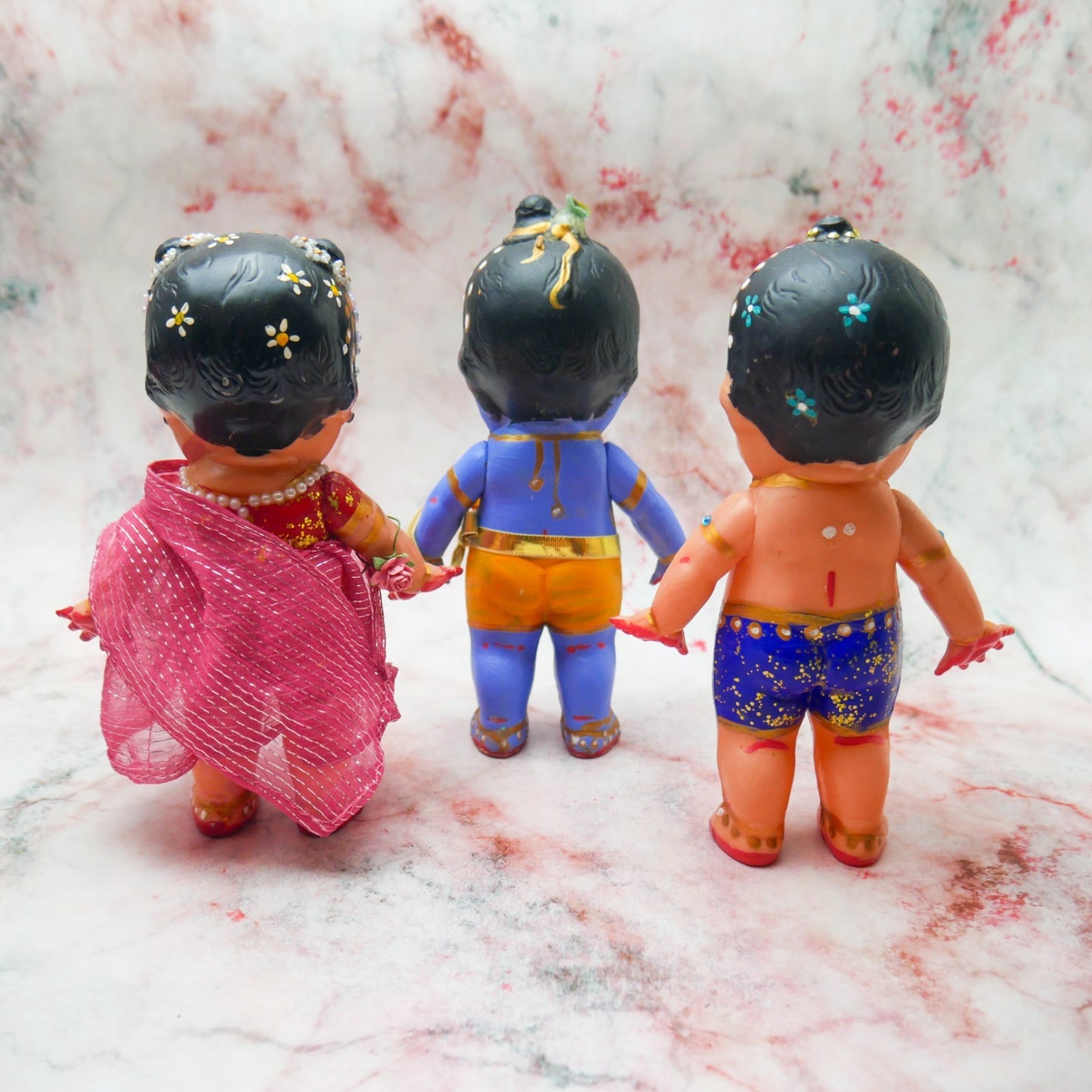 Handmade Hand-painted Resin Sri Radha Krishna Balaram Deity Doll Set  VTG 7"