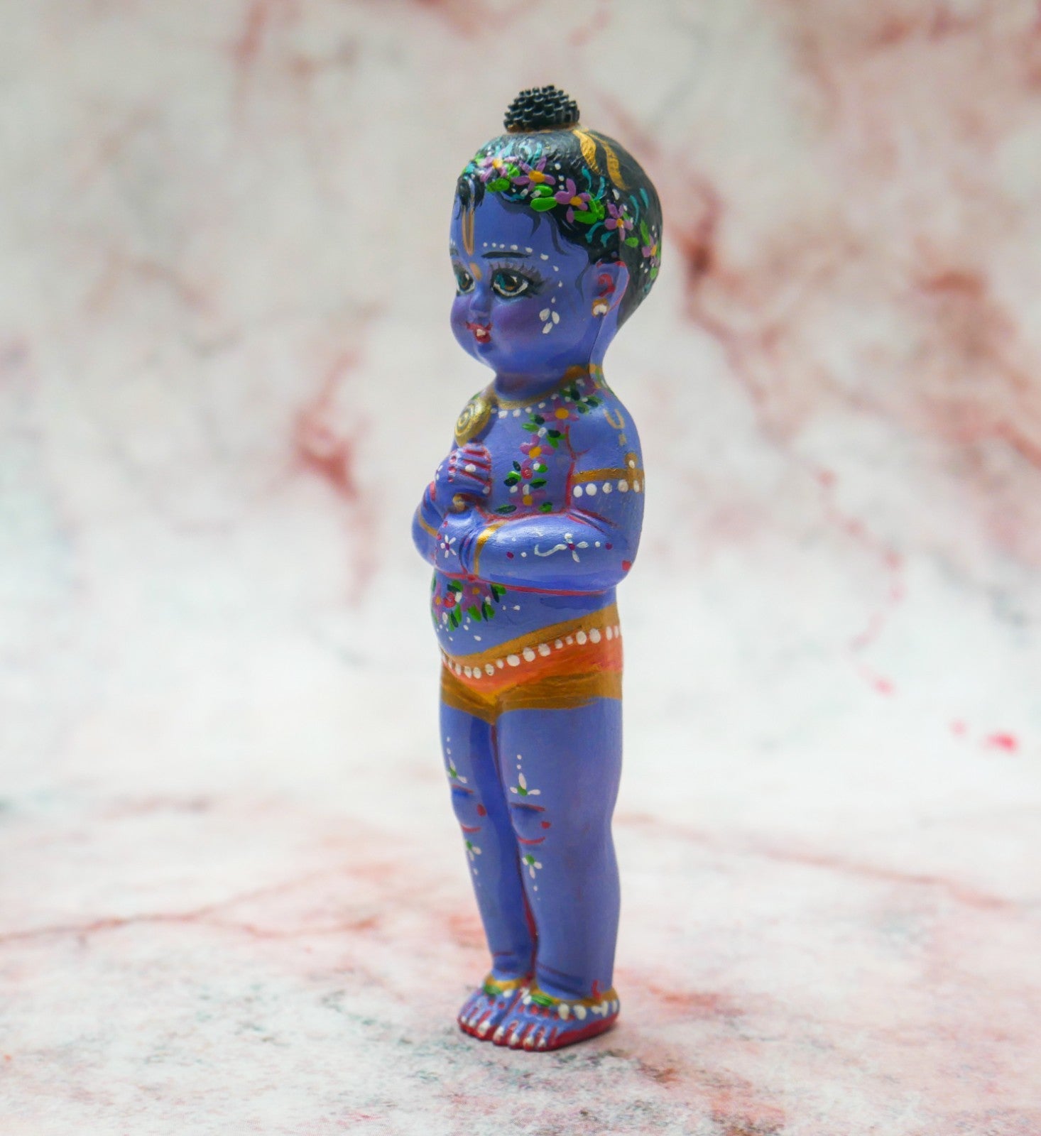 Adorable Handmade Hand-painted Resin Miniature Sri Krishna Doll 4"