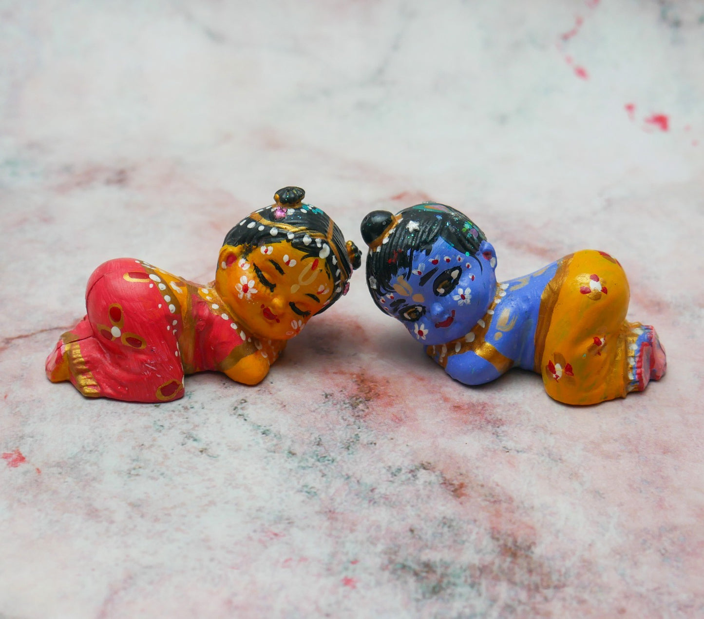 Adorable Handmade Hand-painted Mini Snuggling Sri Radha Krishna Baby Dolls 2.5"