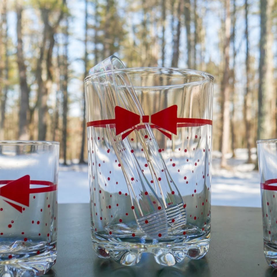 VTG 1980’s Set 6 Italian Red Polka Dot Bow Tie Cocktail Glasses +Large Ice Glass