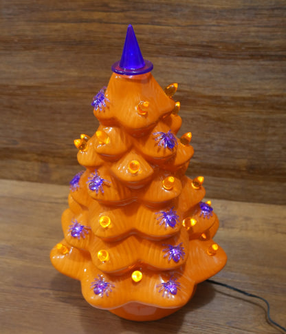 Mr. Halloween 14" Spider and Witch Hat Haunted Halloween Ceramic Orange Tree