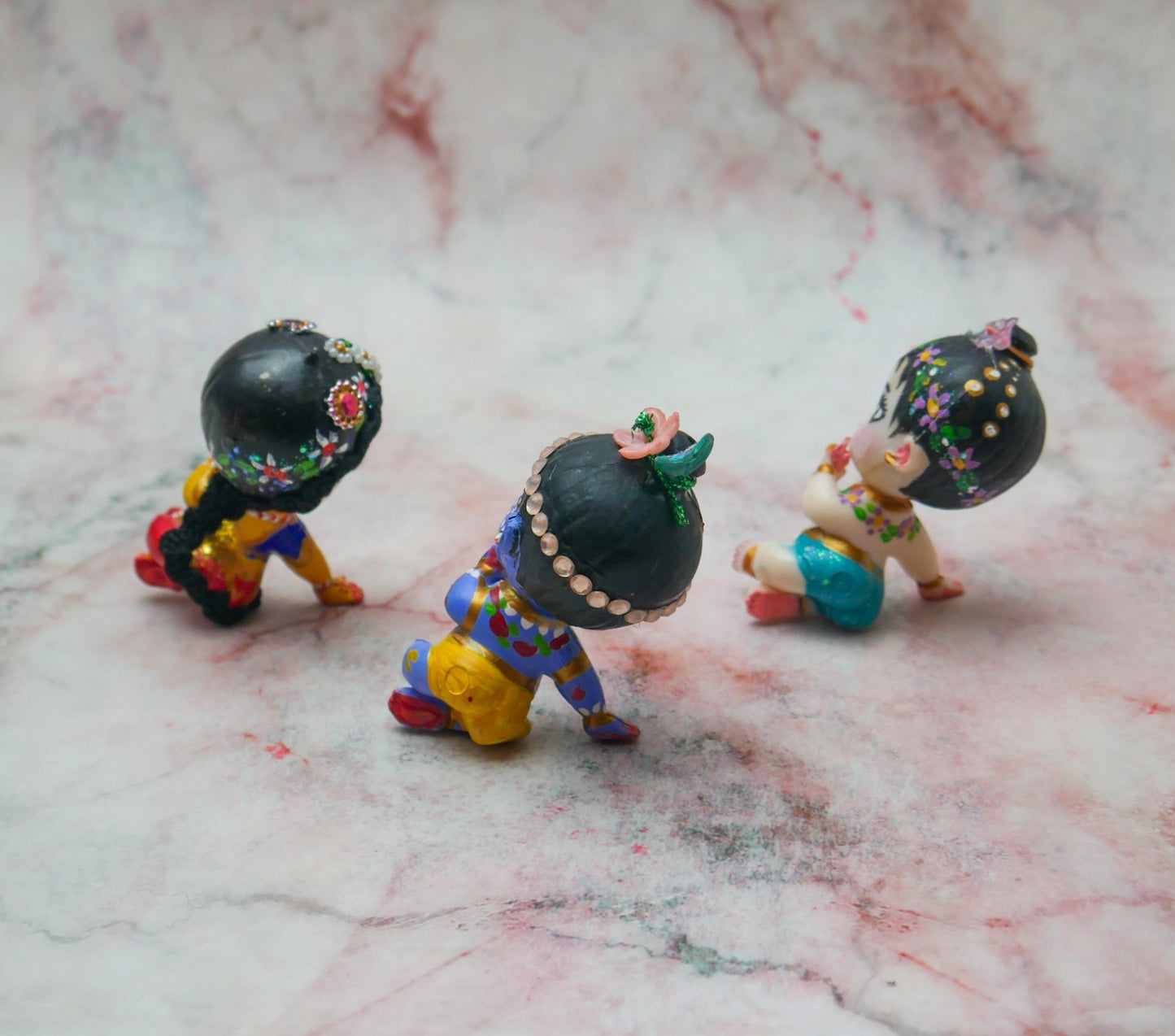 Handmade Hand-painted Mini Sri Radha Krishna Balaram with Beds Deity Doll Set