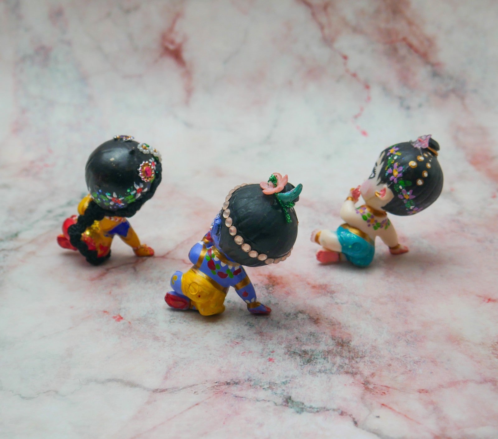 Handmade Hand-painted Mini Sri Radha Krishna Balaram with Beds Deity Doll Set