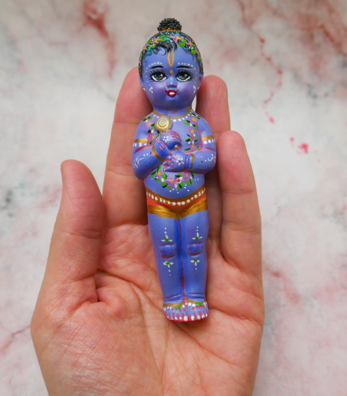 Adorable Handmade Hand-painted Resin Miniature Sri Krishna Doll 4"