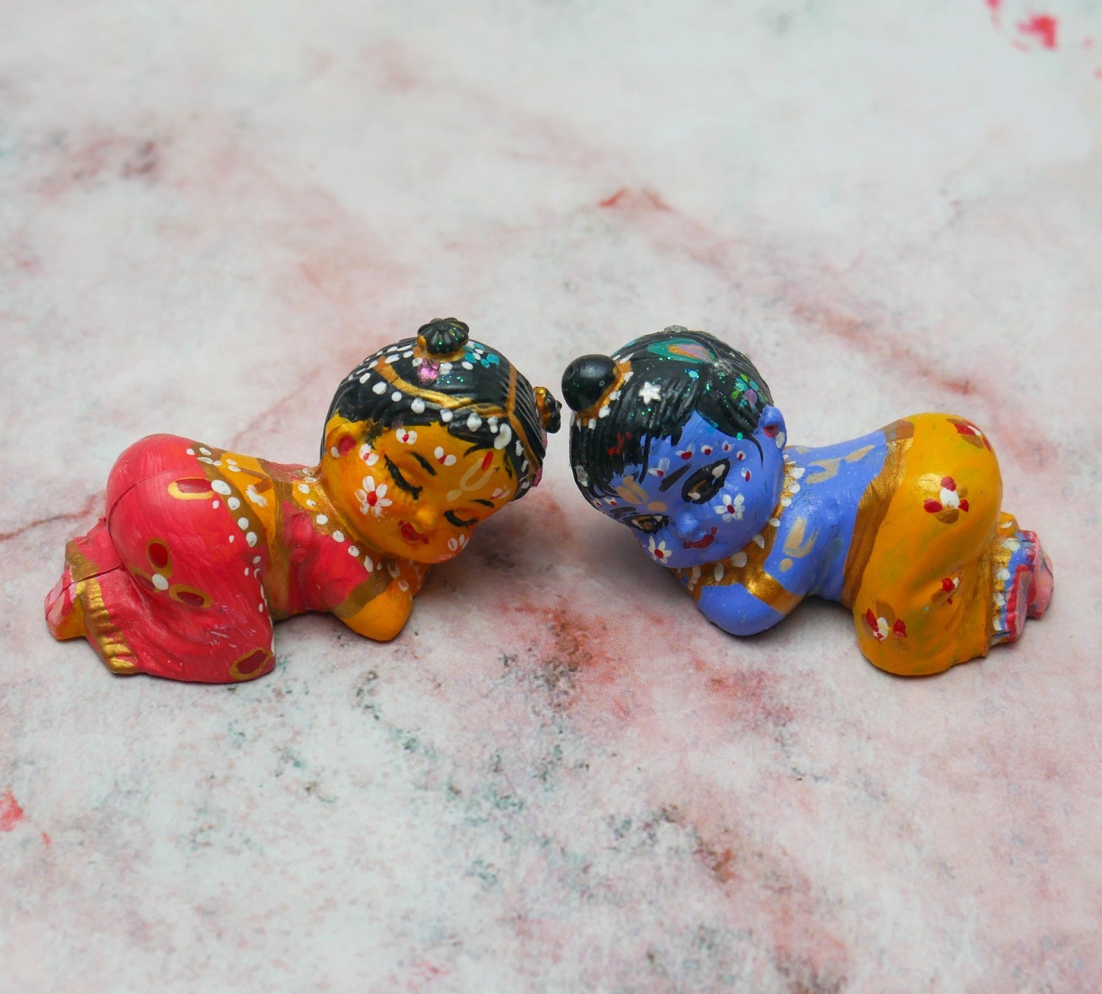 Adorable Handmade Hand-painted Mini Snuggling Sri Radha Krishna Baby Dolls 2.5"