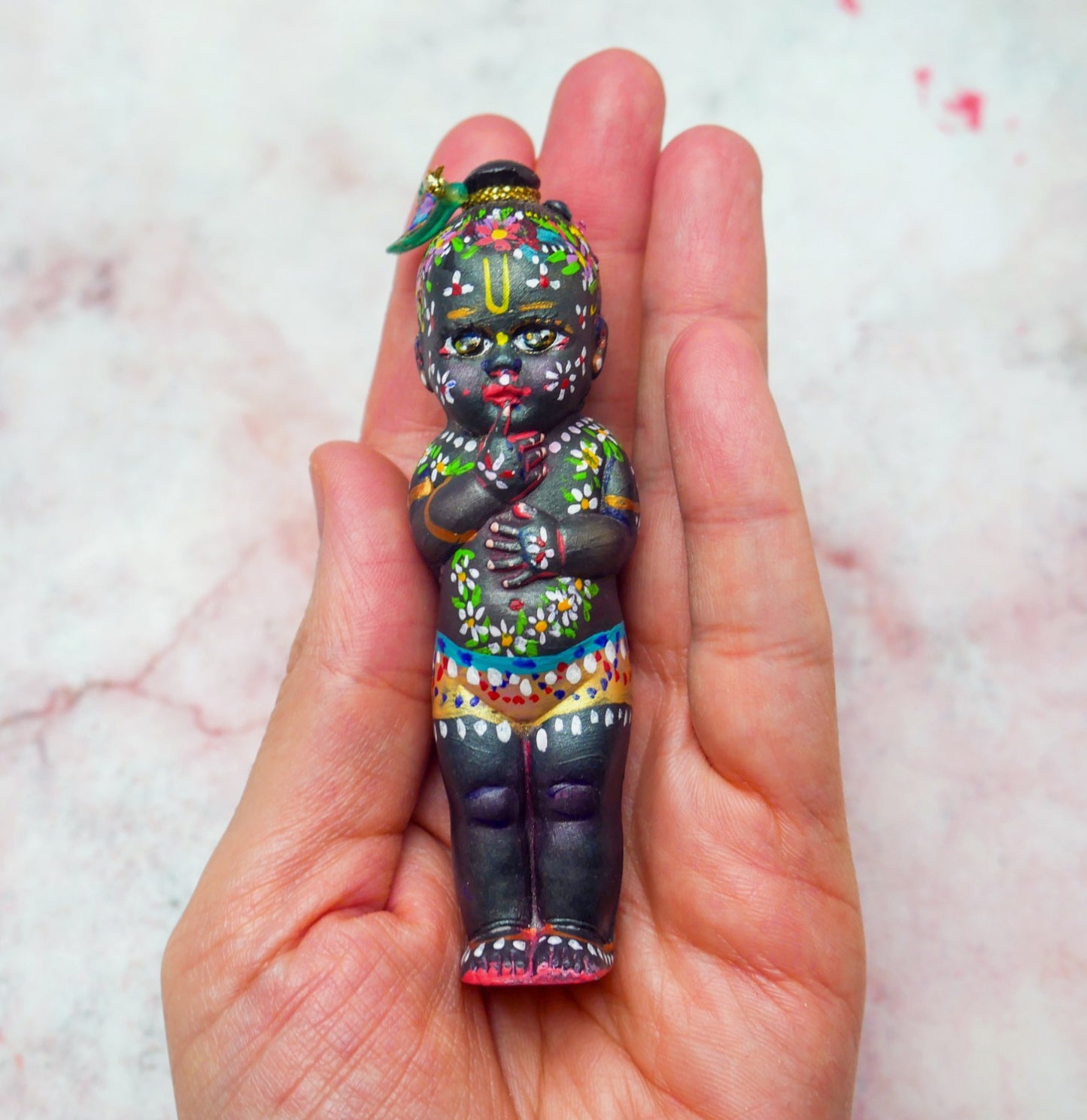 Adorable Handmade Hand-painted Resin Miniature Sri Krishna Mohan Doll 4"