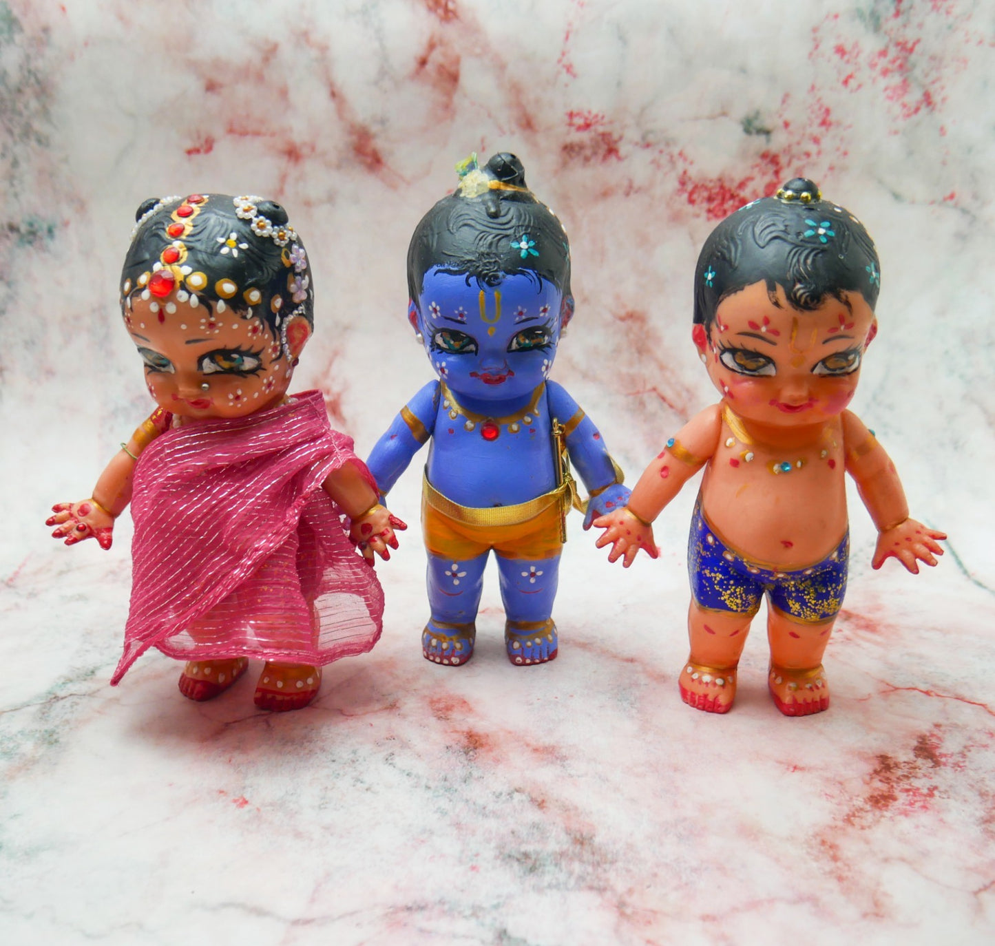 Handmade Hand-painted Resin Sri Radha Krishna Balaram Deity Doll Set  VTG 7"