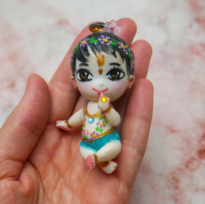 Handmade Hand-painted Mini Sri Radha Krishna Balaram with Beds Deity Doll Set