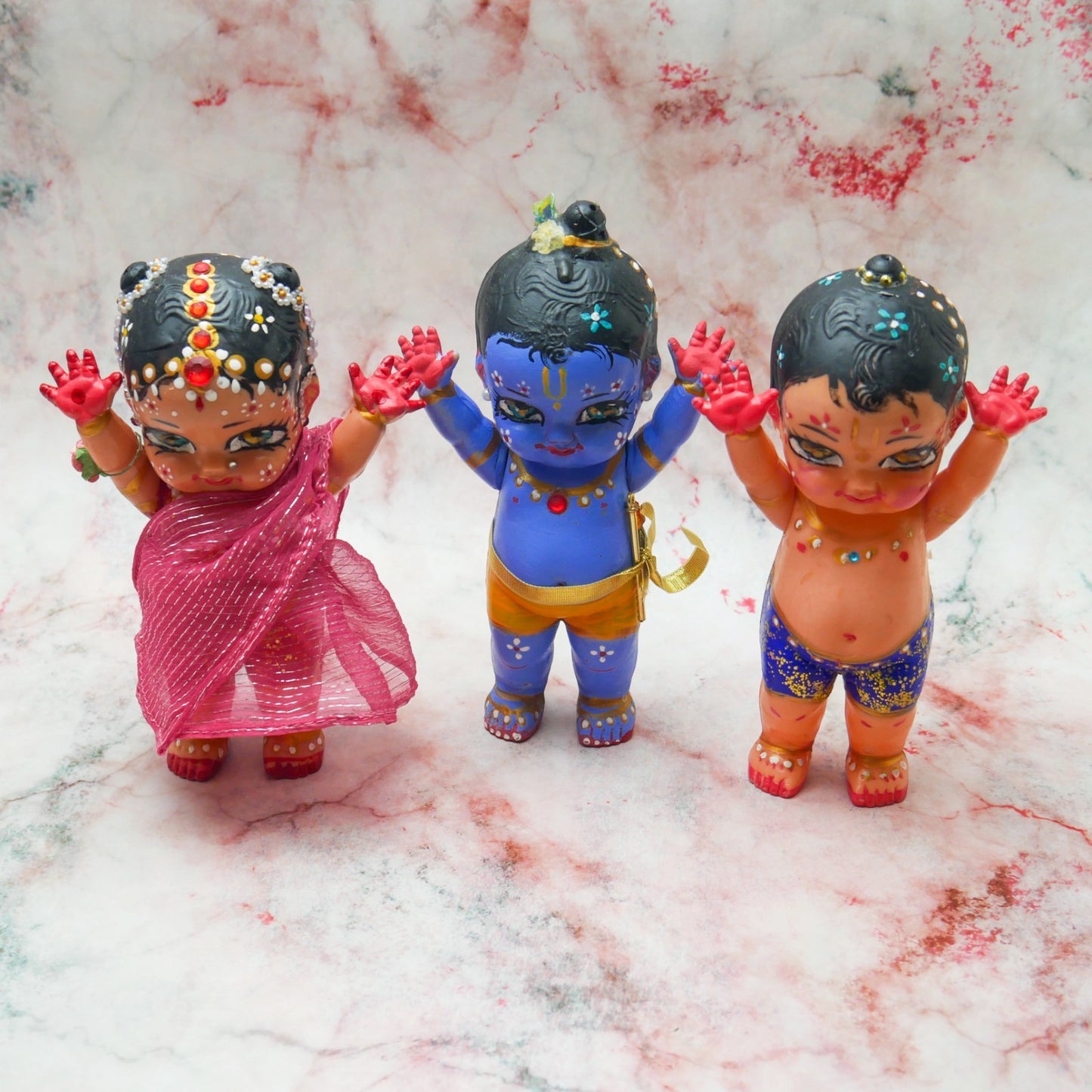 Handmade Hand-painted Resin Sri Radha Krishna Balaram Deity Doll Set  VTG 7"