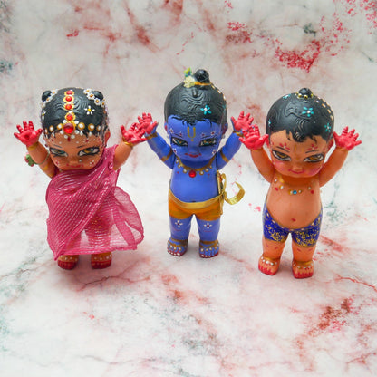 Handmade Hand-painted Resin Sri Radha Krishna Balaram Deity Doll Set  VTG 7"