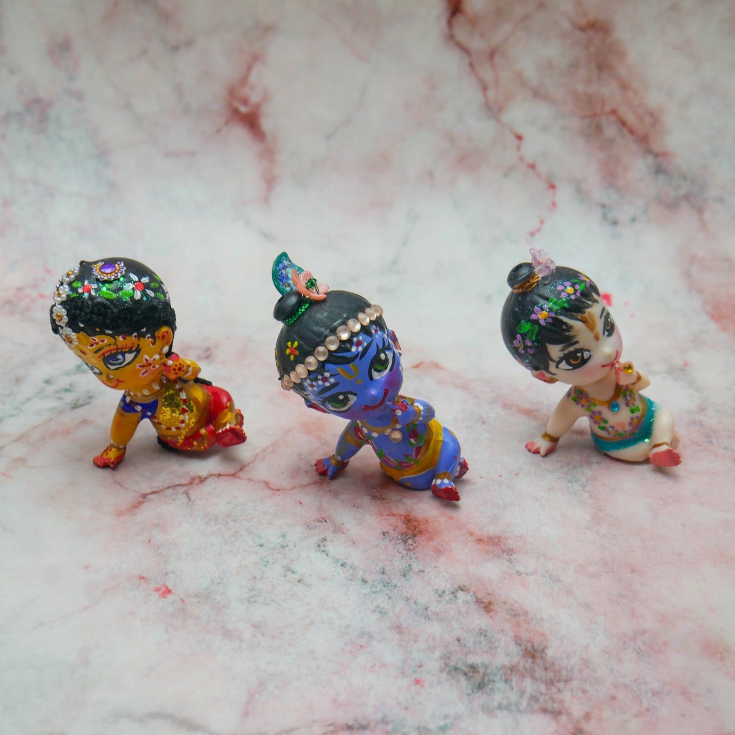 Handmade Hand-painted Mini Sri Radha Krishna Balaram with Beds Deity Doll Set
