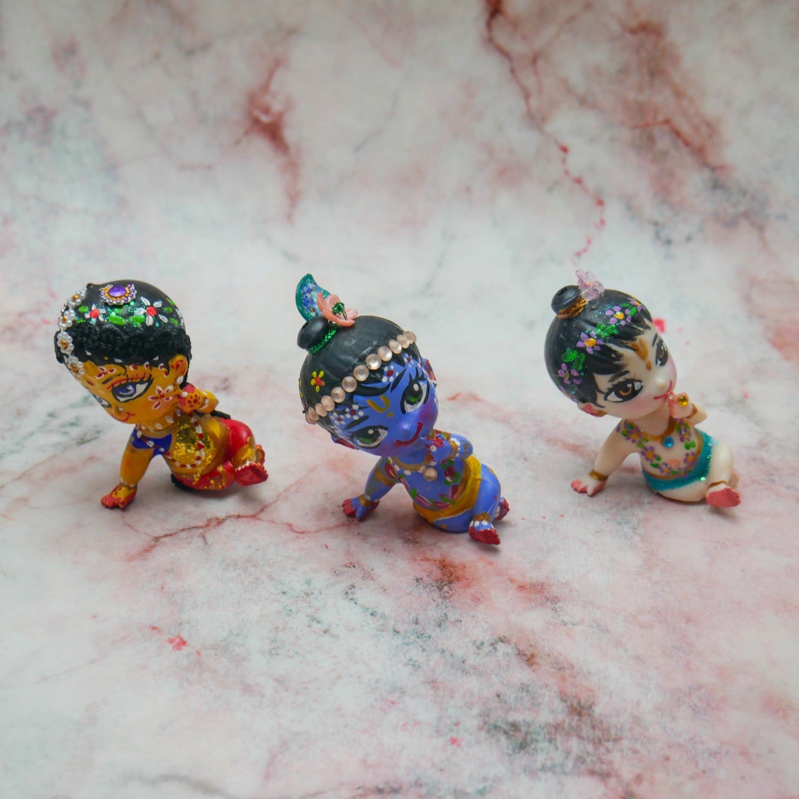 Handmade Hand-painted Mini Sri Radha Krishna Balaram with Beds Deity Doll Set