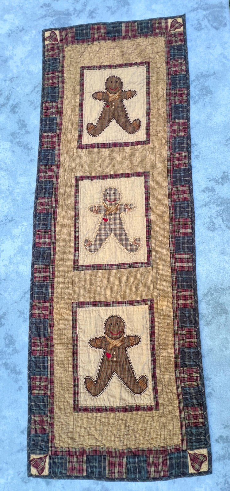 50"x17" Gingerbread Plaid Table Runner Quilt  100% Cotton Handmade Hand Quilted