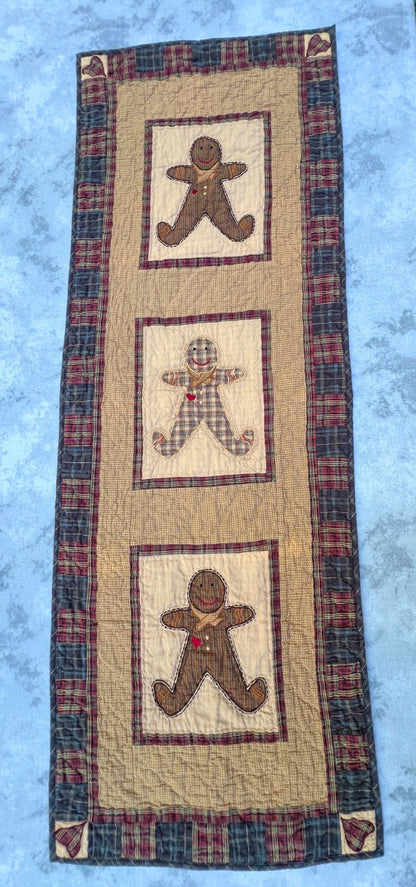 50"x17" Gingerbread Plaid Table Runner Quilt  100% Cotton Handmade Hand Quilted