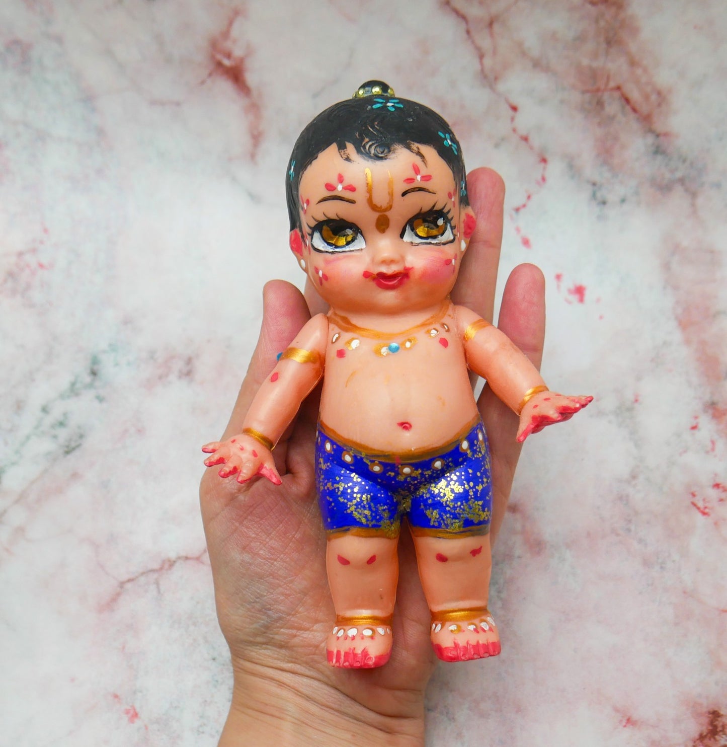 Handmade Hand-painted Resin Sri Radha Krishna Balaram Deity Doll Set  VTG 7"