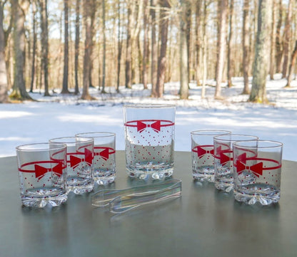 VTG 1980’s Set 6 Italian Red Polka Dot Bow Tie Cocktail Glasses +Large Ice Glass
