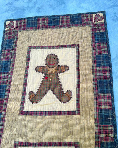 50"x17" Gingerbread Plaid Table Runner Quilt  100% Cotton Handmade Hand Quilted