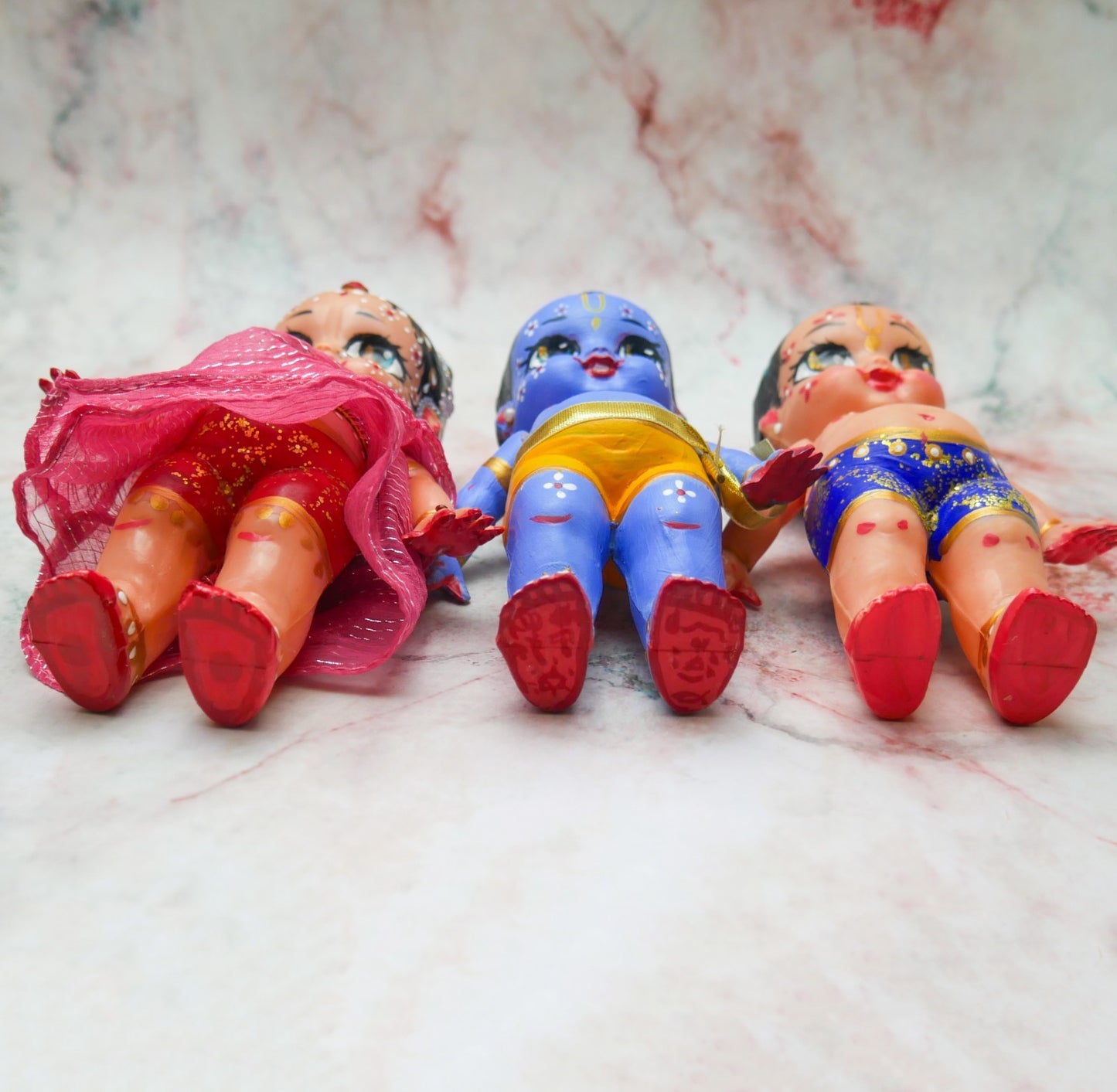 Handmade Hand-painted Resin Sri Radha Krishna Balaram Deity Doll Set  VTG 7"