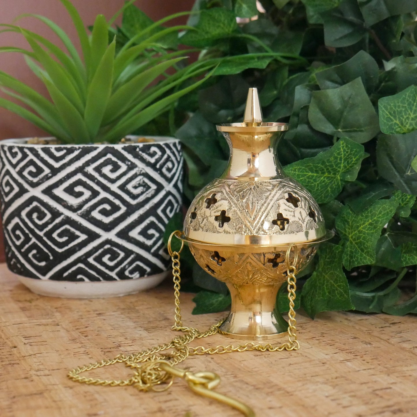Golden Hanging Incense Burner  | Handmade Brass Incense Holder With Tray 4.5"