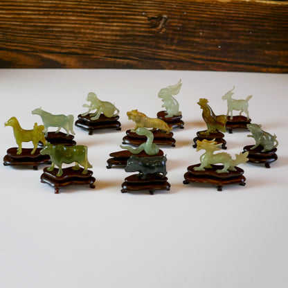 Vintage Chinese Zodiac Jade Carved  12 Animals Figurine Statue Set - RARE