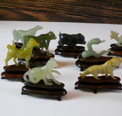 Vintage Chinese Zodiac Jade Carved  12 Animals Figurine Statue Set - RARE