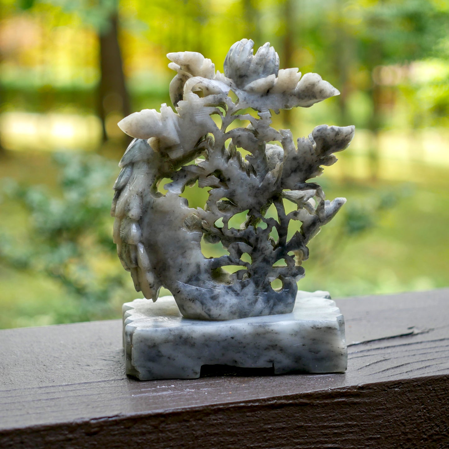 Chinese Carved Natural Soapstone Phoenix Flowers on Stand Statue Decor - Vintage 6” Tall