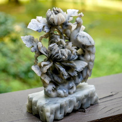 Chinese Carved Natural Soapstone Phoenix Flowers on Stand Statue Decor - Vintage 6” Tall