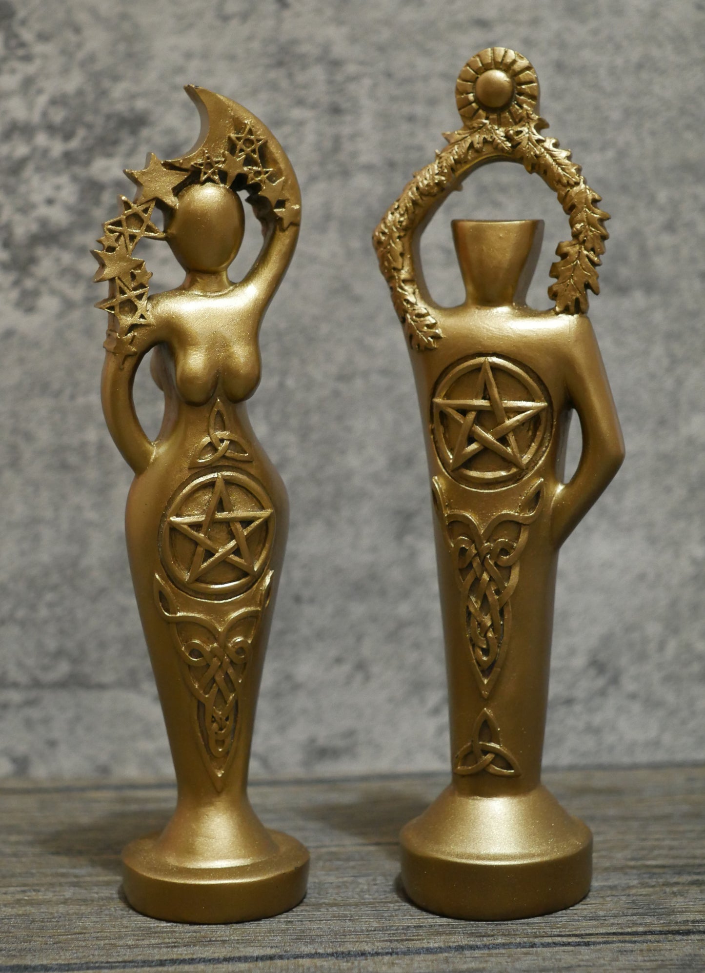 Pentacle God Goddess Statue Set | Handmade Wicca Altar Statues - 8.5"