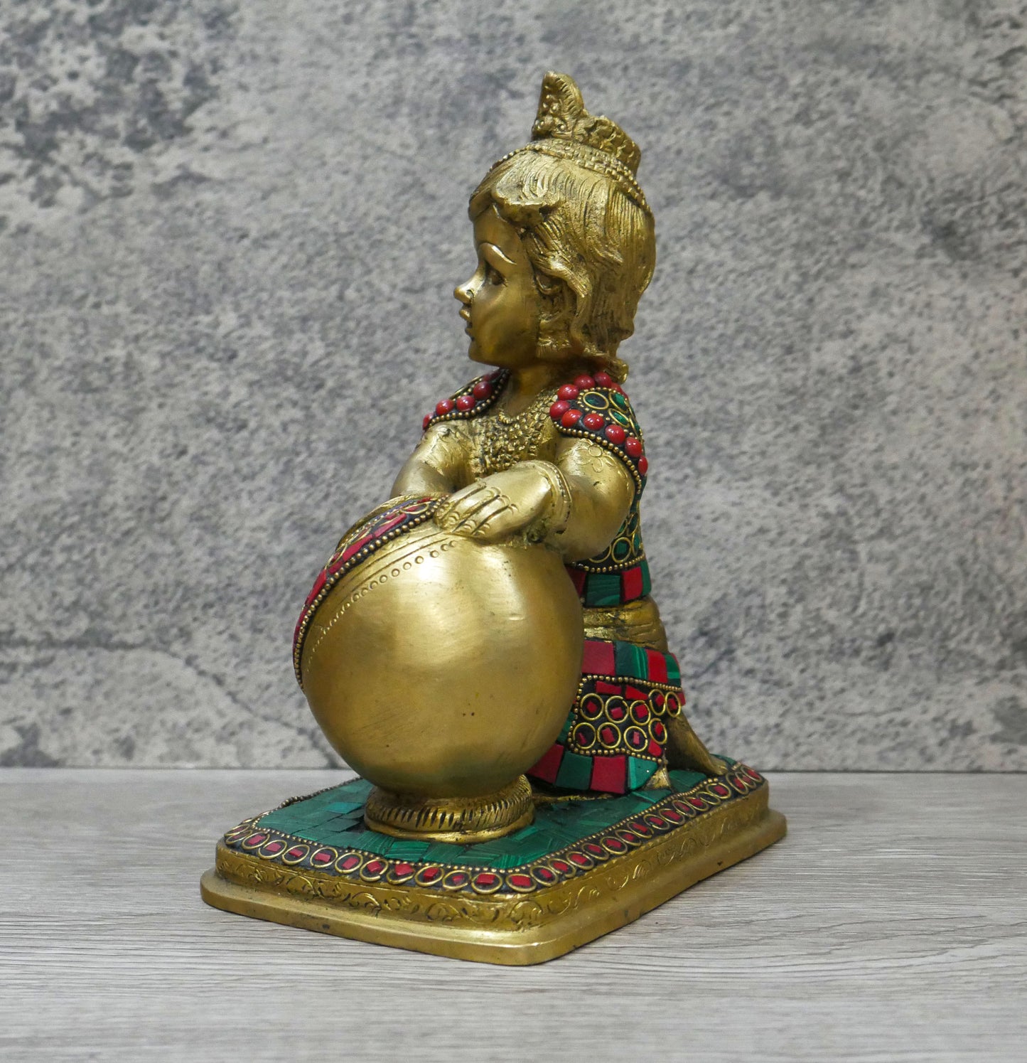 Handmade Brass Lord Bal Baby Krishna Butter Thief Gopal Inlaid Statue - 7.25" Tall