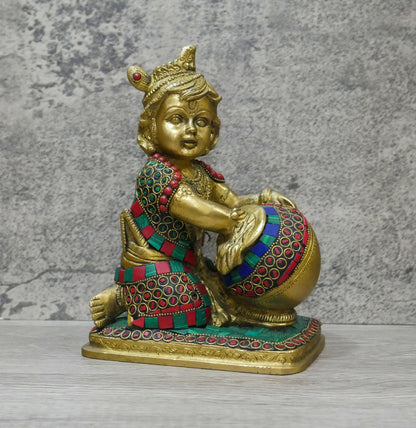 Handmade Brass Lord Bal Baby Krishna Butter Thief Gopal Inlaid Statue - 7.25" Tall