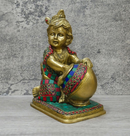 Handmade Brass Lord Bal Baby Krishna Butter Thief Gopal Inlaid Statue - 7.25" Tall