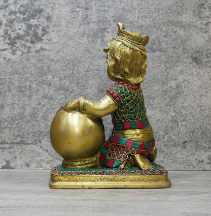 Handmade Brass Lord Bal Baby Krishna Butter Thief Gopal Inlaid Statue - 7.25" Tall