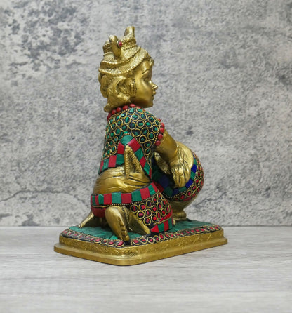 Handmade Brass Lord Bal Baby Krishna Butter Thief Gopal Inlaid Statue - 7.25" Tall