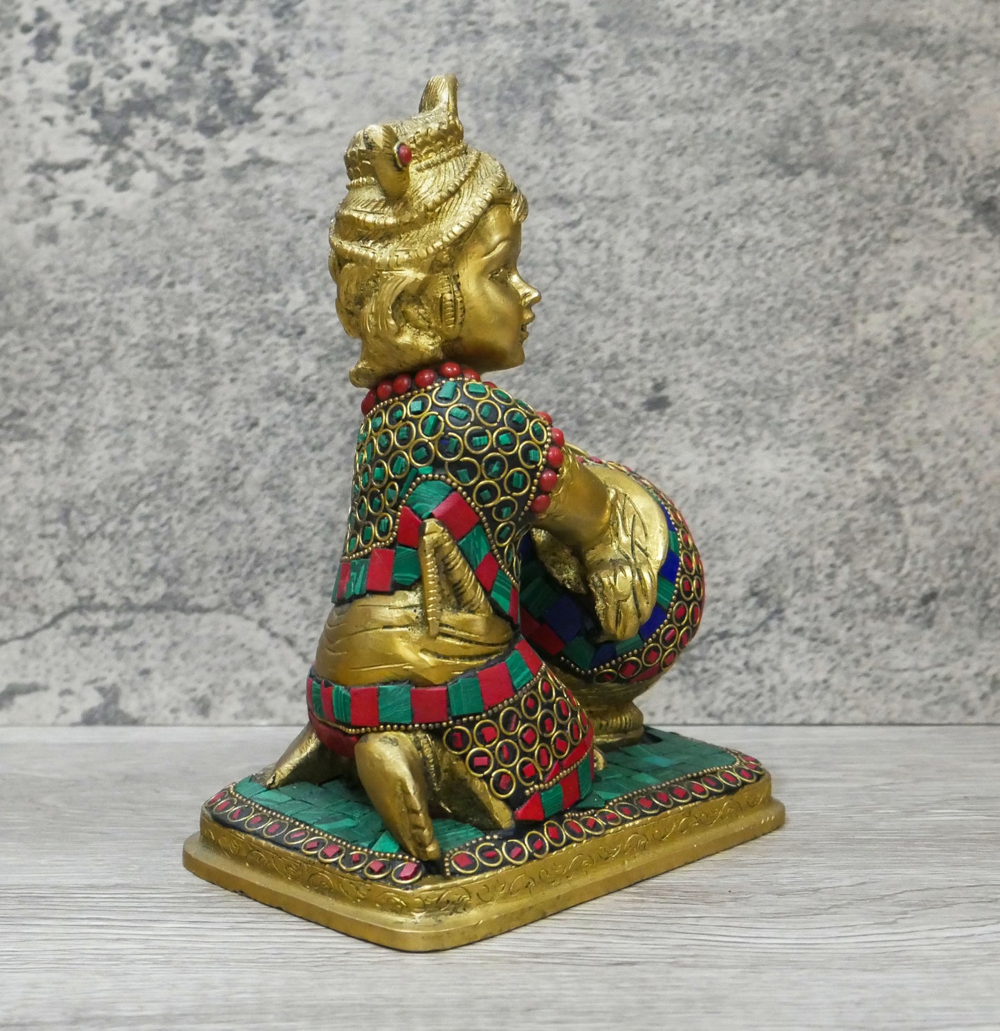 Handmade Brass Lord Bal Baby Krishna Butter Thief Gopal Inlaid Statue - 7.25" Tall