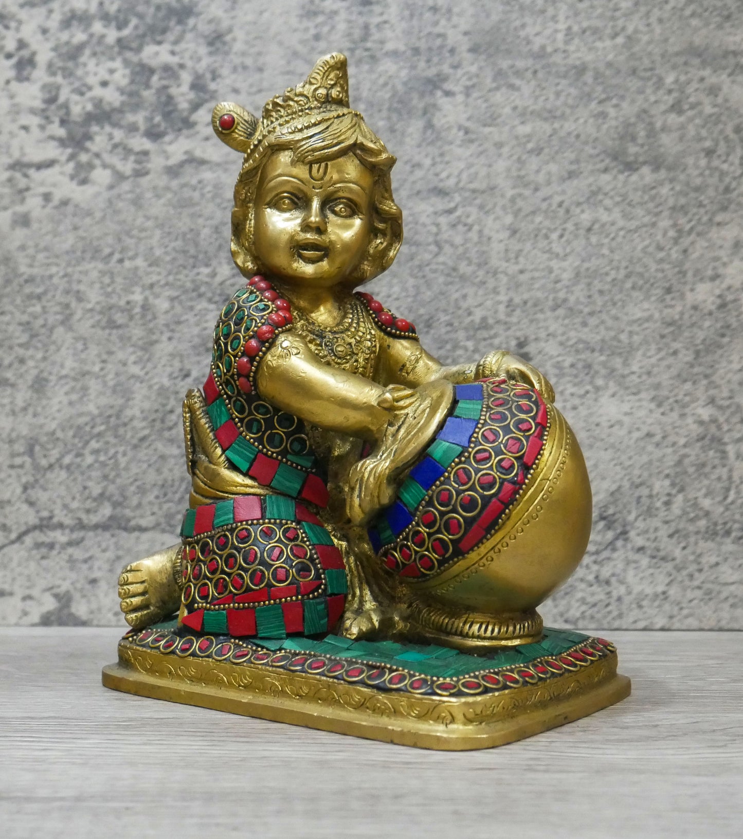 Handmade Brass Lord Bal Baby Krishna Butter Thief Gopal Inlaid Statue - 7.25" Tall