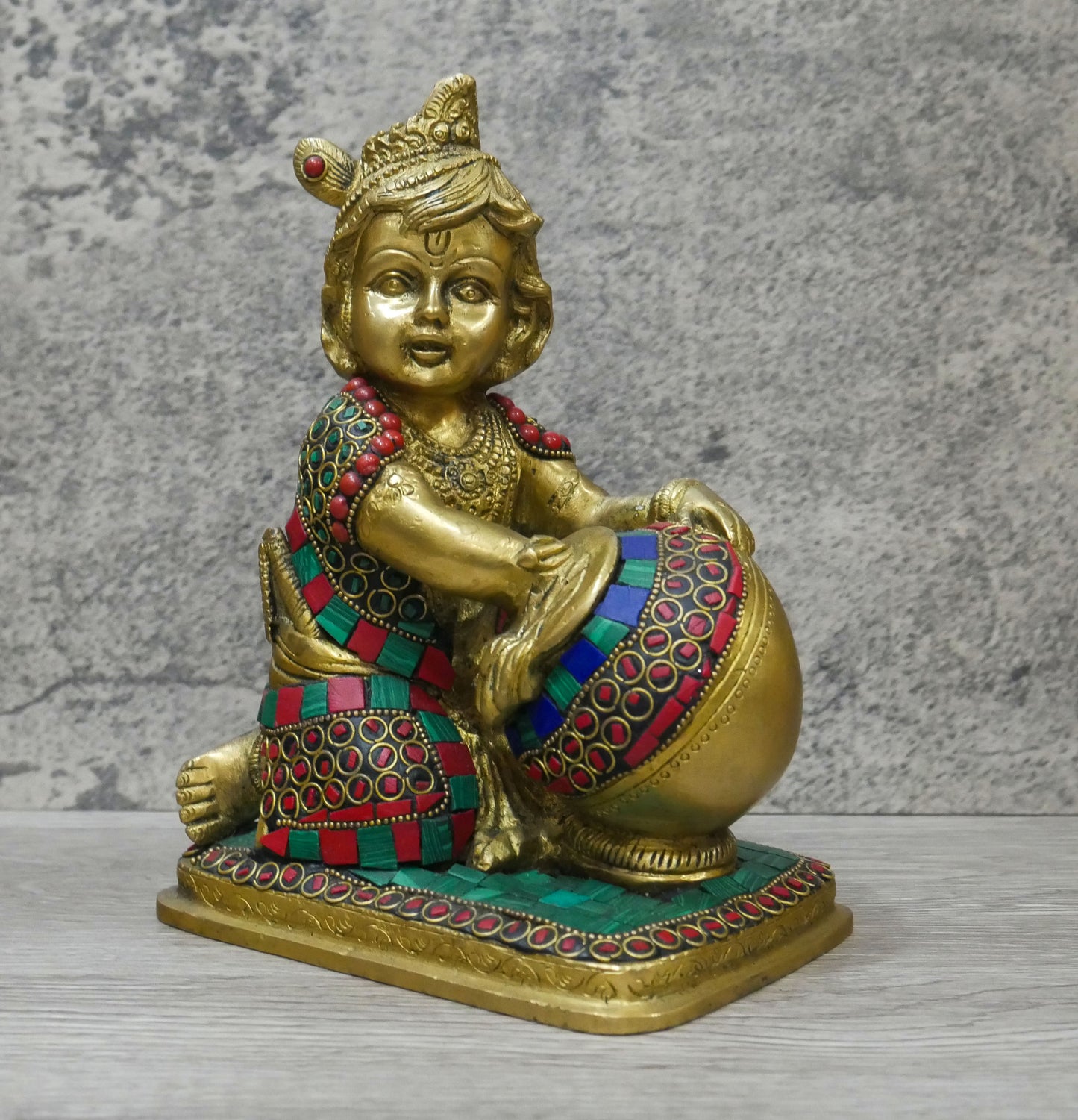 Handmade Brass Lord Bal Baby Krishna Butter Thief Gopal Inlaid Statue - 7.25" Tall