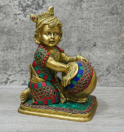 Handmade Brass Lord Bal Baby Krishna Butter Thief Gopal Inlaid Statue - 7.25" Tall