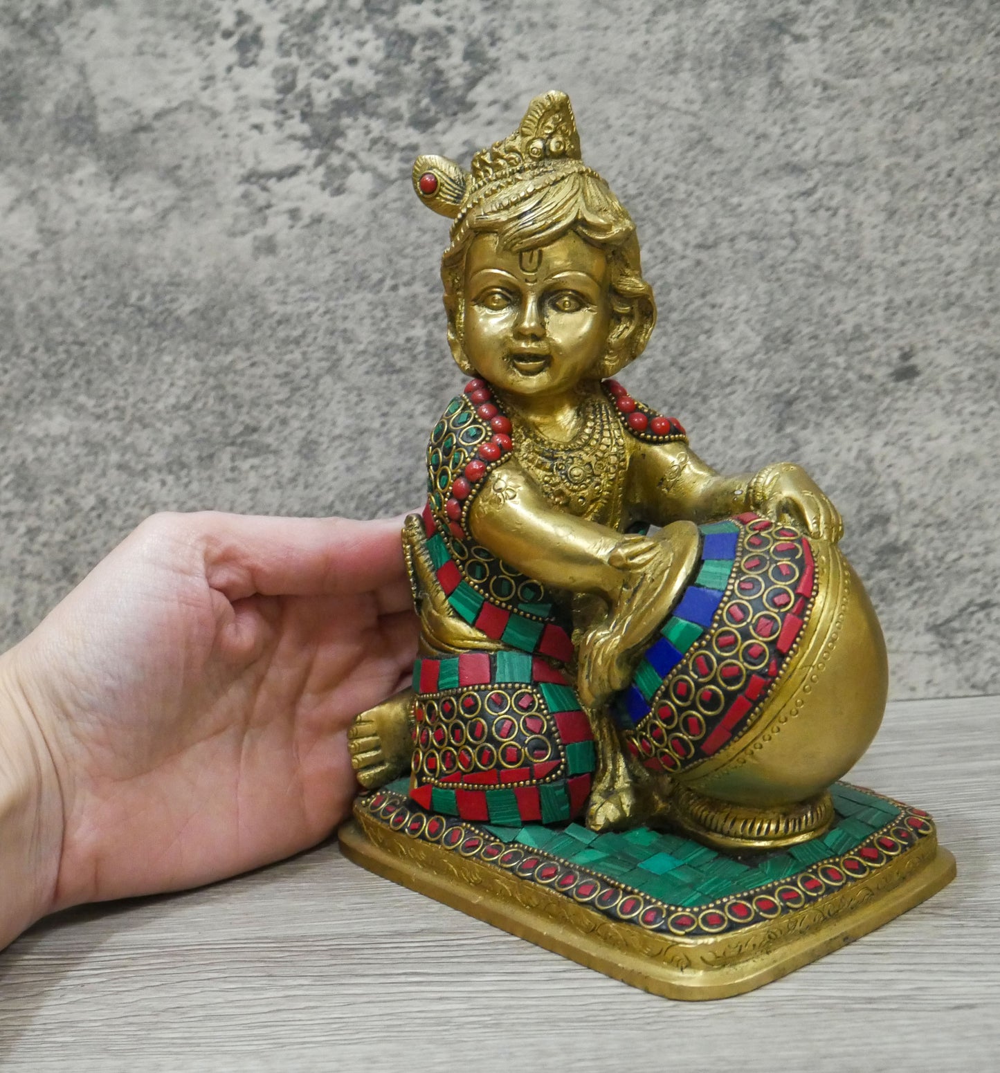 Handmade Brass Lord Bal Baby Krishna Butter Thief Gopal Inlaid Statue - 7.25" Tall