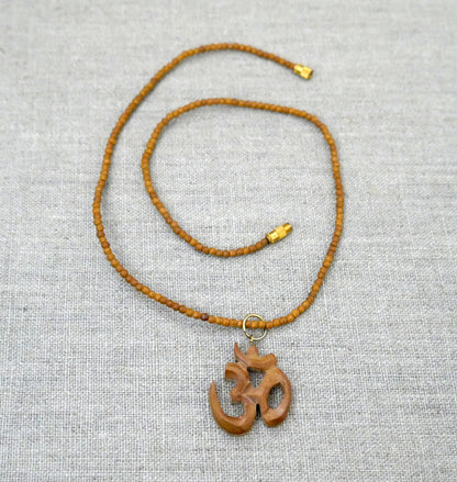 Om Pendant Necklace - Spiritual Sandalwood Beads Necklace Perfect Yoga Gift 18"
