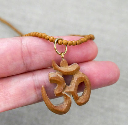 Om Pendant Necklace - Spiritual Sandalwood Beads Necklace Perfect Yoga Gift 18"