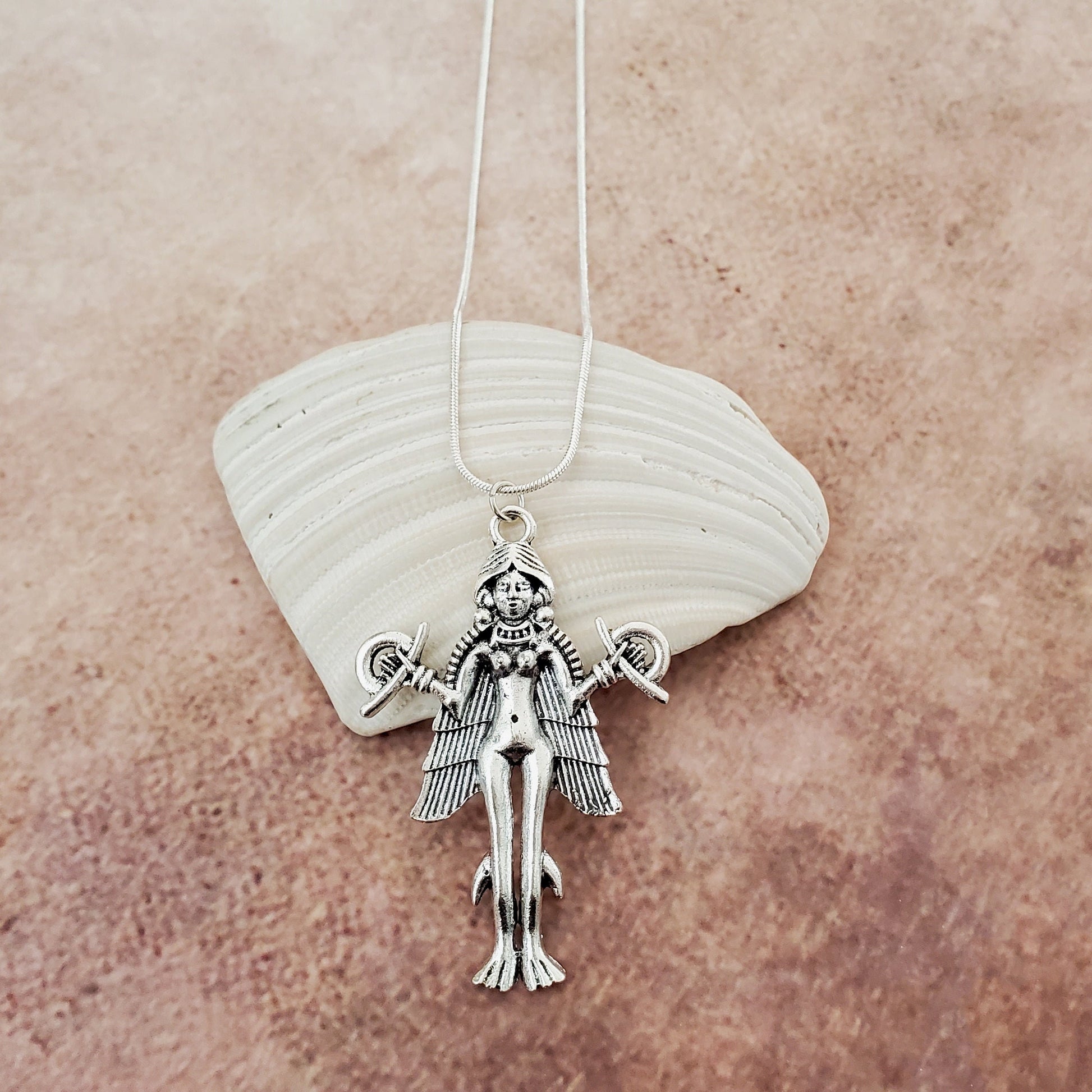 Goddess Lilith Inanna Pendant Necklace 18&quot; Silver Plated Snake Jewelry