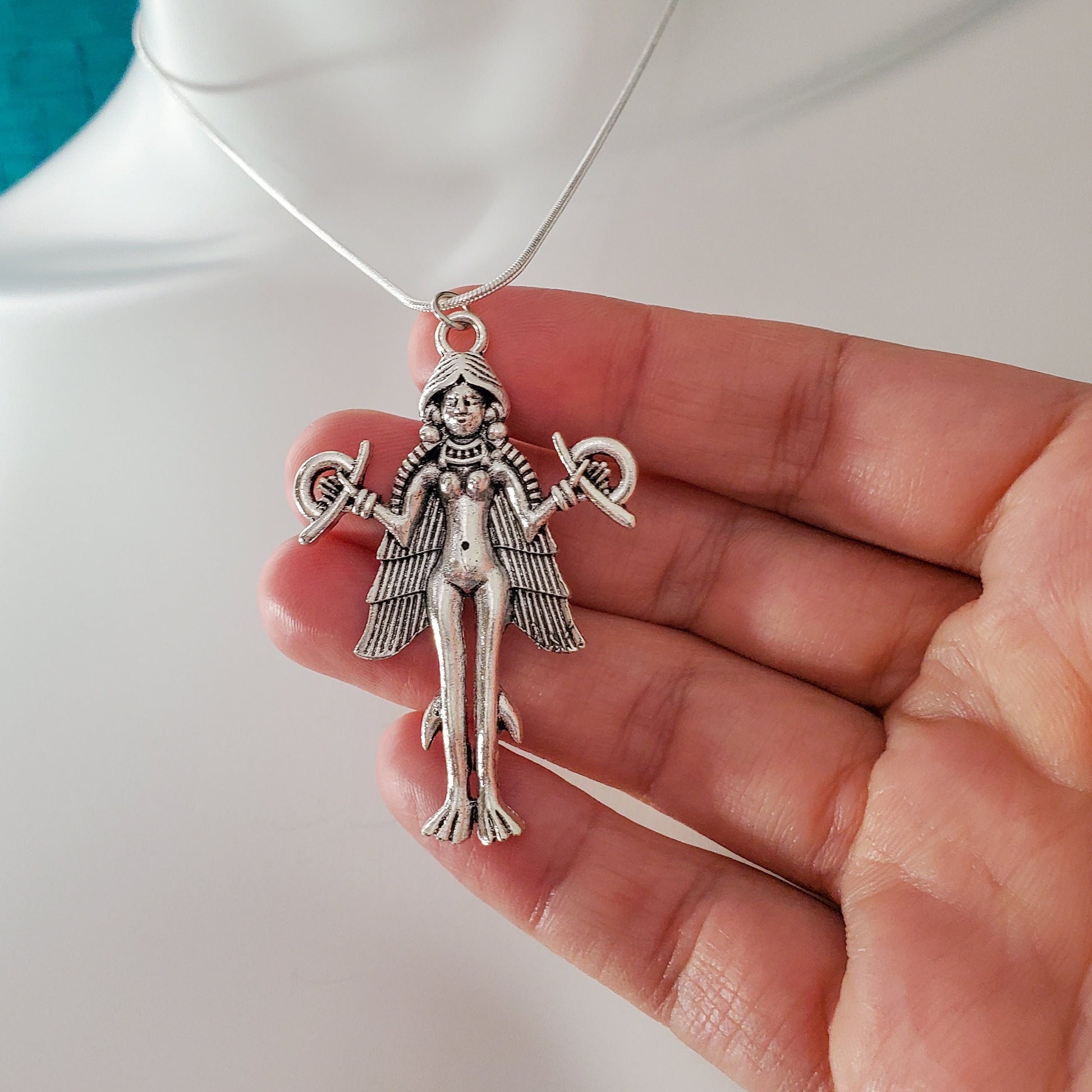 Goddess Lilith Inanna Pendant Necklace 18&quot; Silver Plated Snake Jewelry