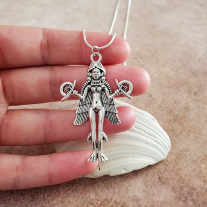 Goddess Lilith Inanna Pendant Necklace 18&quot; Silver Plated Snake Jewelry