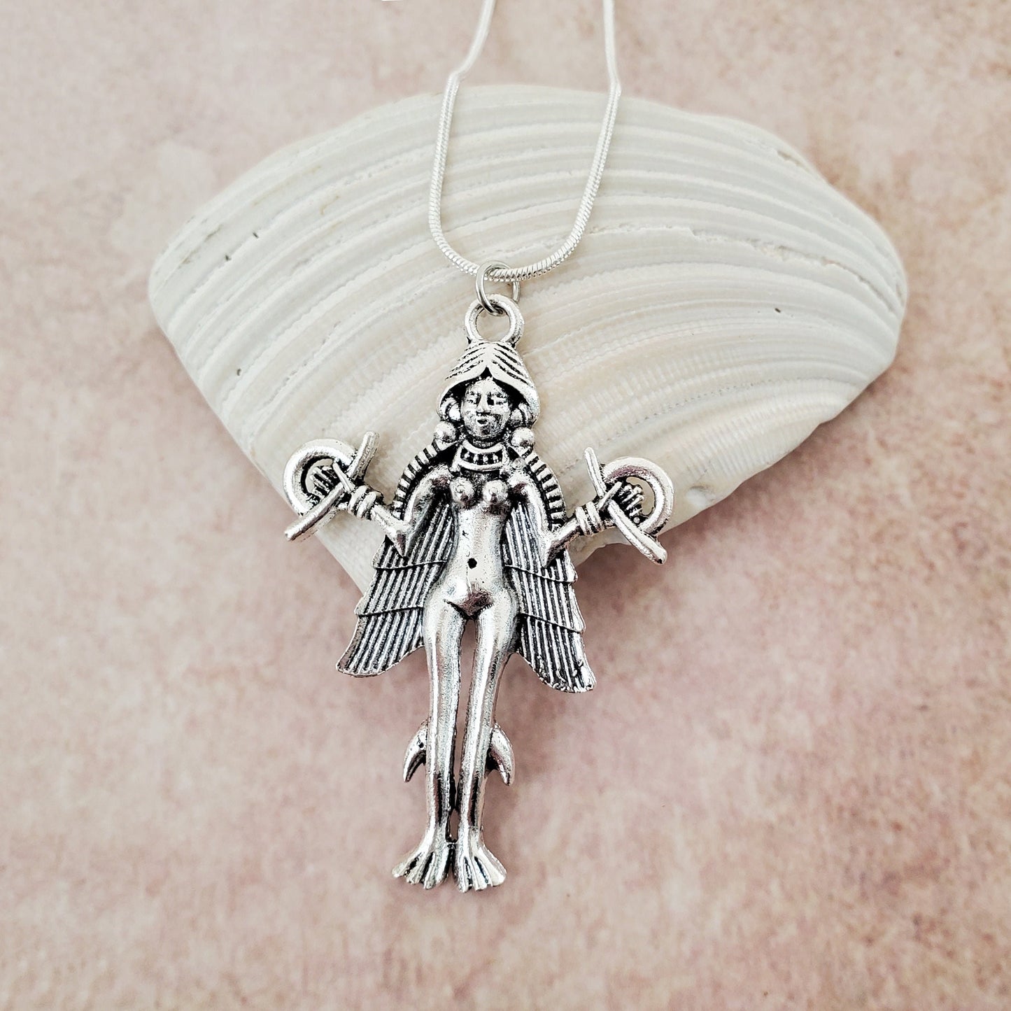 Goddess Lilith Inanna Pendant Necklace 18&quot; Silver Plated Snake Jewelry