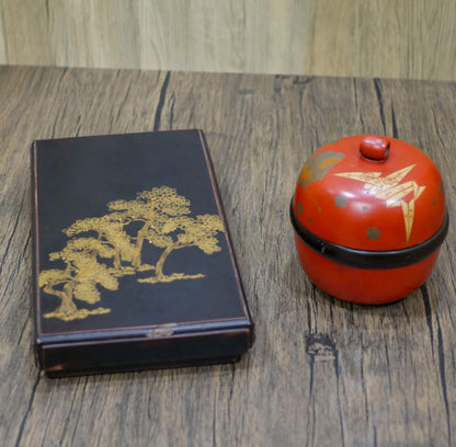 Vintage Japanese Black Lacquered Writing Box and Red Round Lacquered Wooden Box