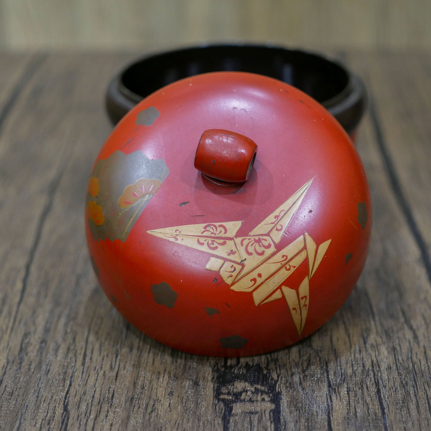 Vintage Japanese Black Lacquered Writing Box and Red Round Lacquered Wooden Box