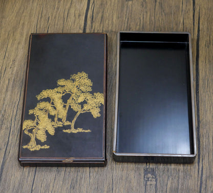 Vintage Japanese Black Lacquered Writing Box and Red Round Lacquered Wooden Box